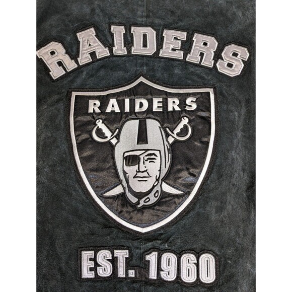 Vintage Oakland LA Raiders Mens 2XL Suede Leather Varsity Jacket Black Insulated - Picture 8 of 14